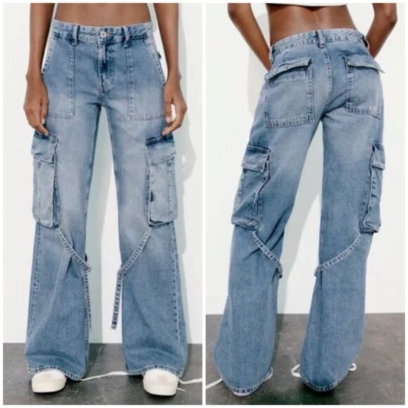 Zara MID-RISE TRF CARGO JEANS Wide Leg Y2K Blue Size 2 24x32 - Picture 1 of 10